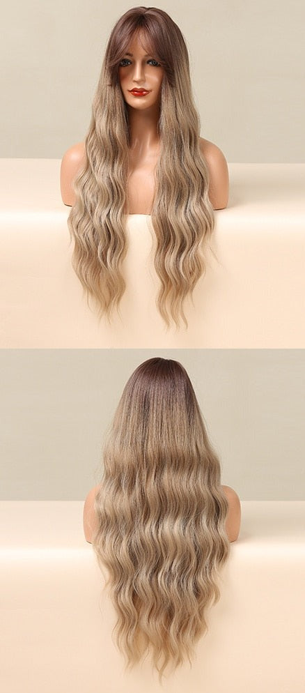 Perruques Synthétiques Longues Ondulées Brunes Avec Frange - rachelhair
