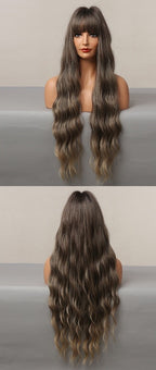 Perruques Synthétiques Longues Ondulées Brunes Avec Frange - rachelhair