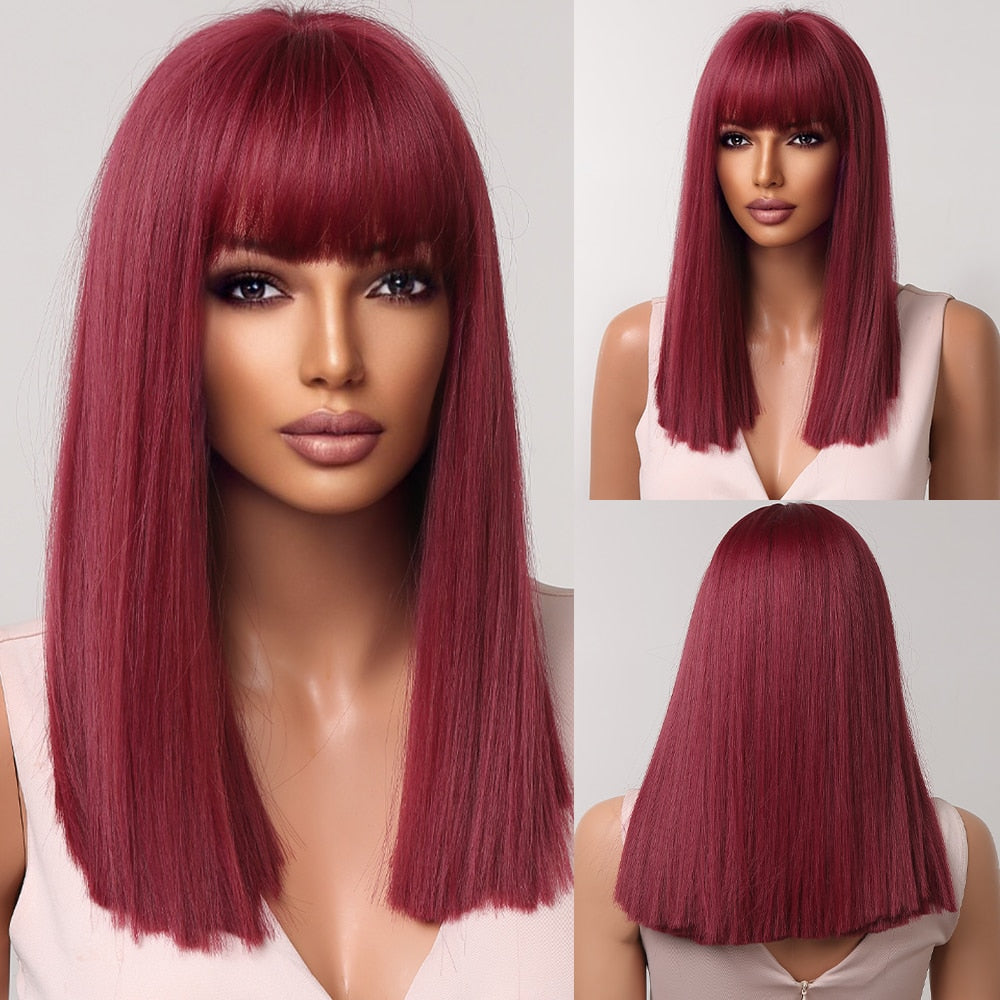 Perruques Bob Courtes Bordeaux Avec Une Frange Complète - rachelhair