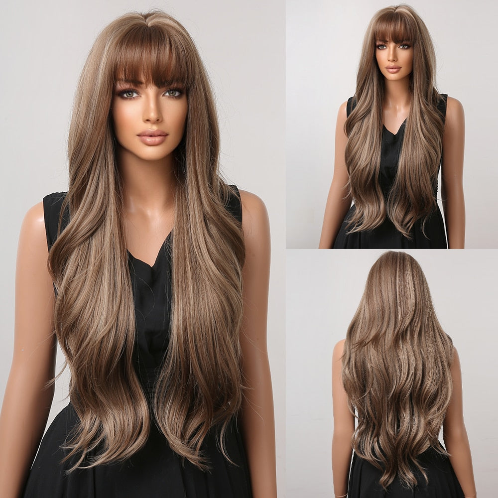 Perruques Synthétiques Longues Ondulées Brunes Avec Frange - rachelhair