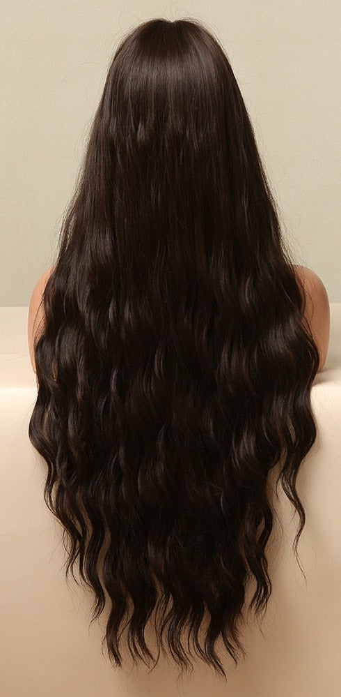 Perruques Synthétiques Longues Ondulées Brunes Avec Frange - rachelhair