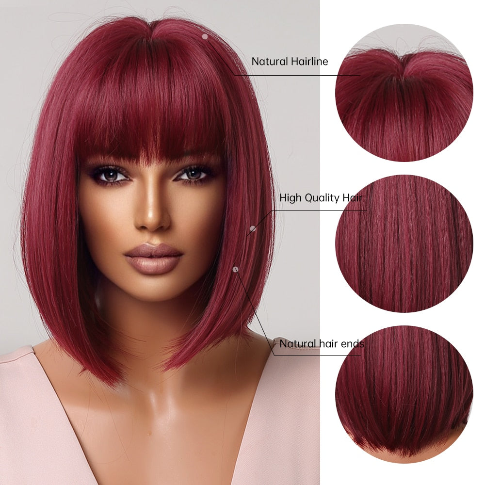 Perruques Bob Courtes Bordeaux Avec Une Frange Complète - rachelhair