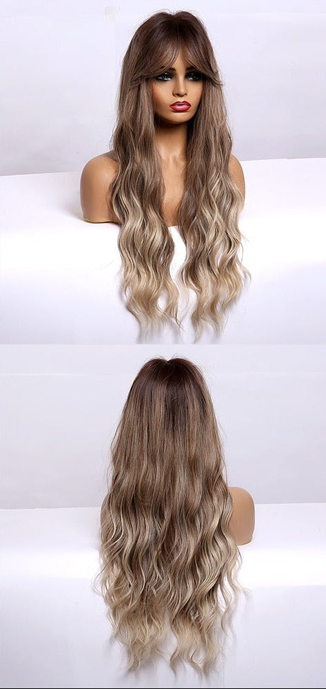 Perruques Synthétiques Longues Ondulées Brunes Avec Frange - rachelhair