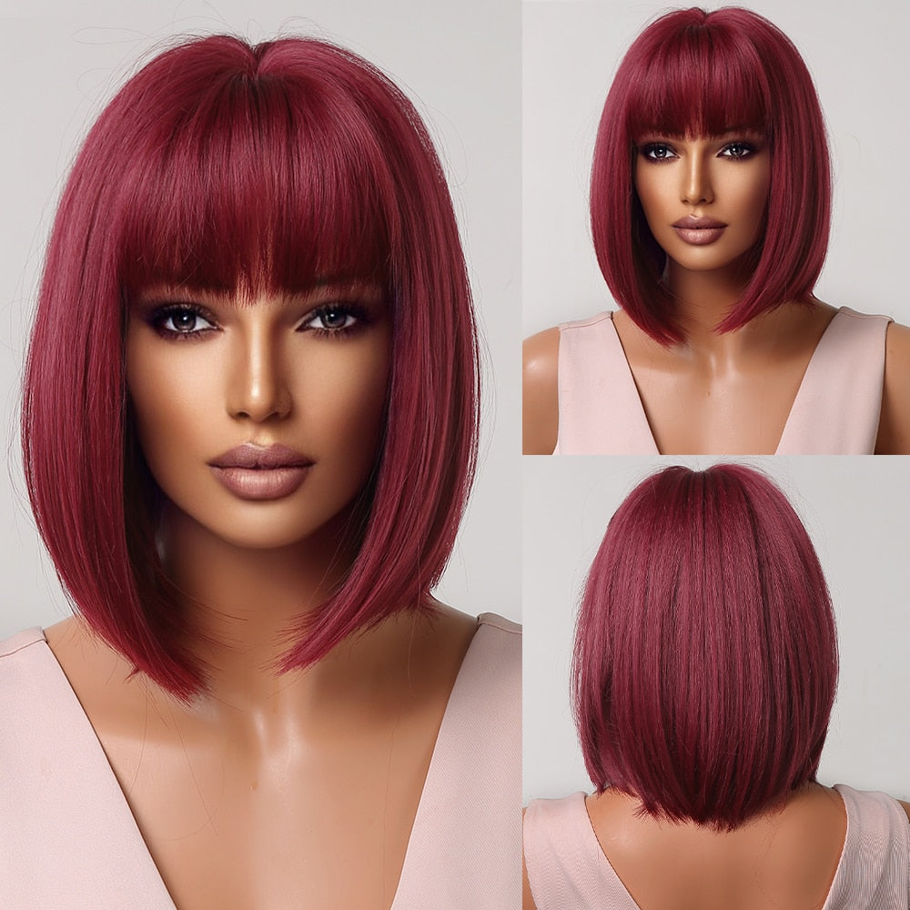 Perruques Bob Courtes Bordeaux Avec Une Frange Complète - rachelhair