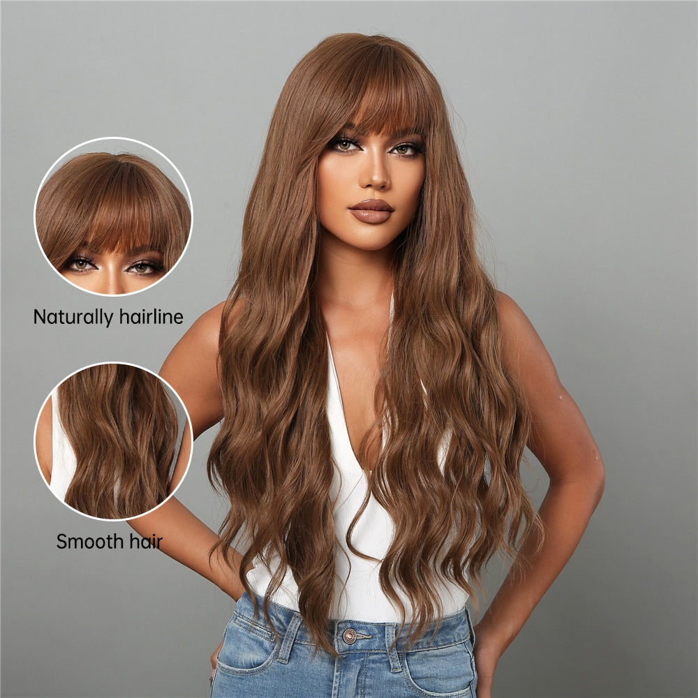 Perruques Synthétiques Longues Ondulées Brunes Avec Frange - rachelhair