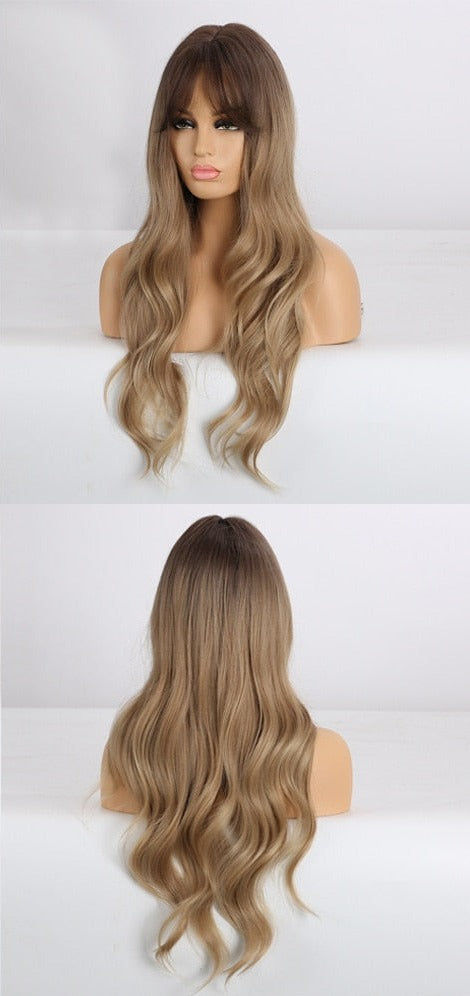 Perruques Synthétiques Longues Ondulées Brunes Avec Frange - rachelhair