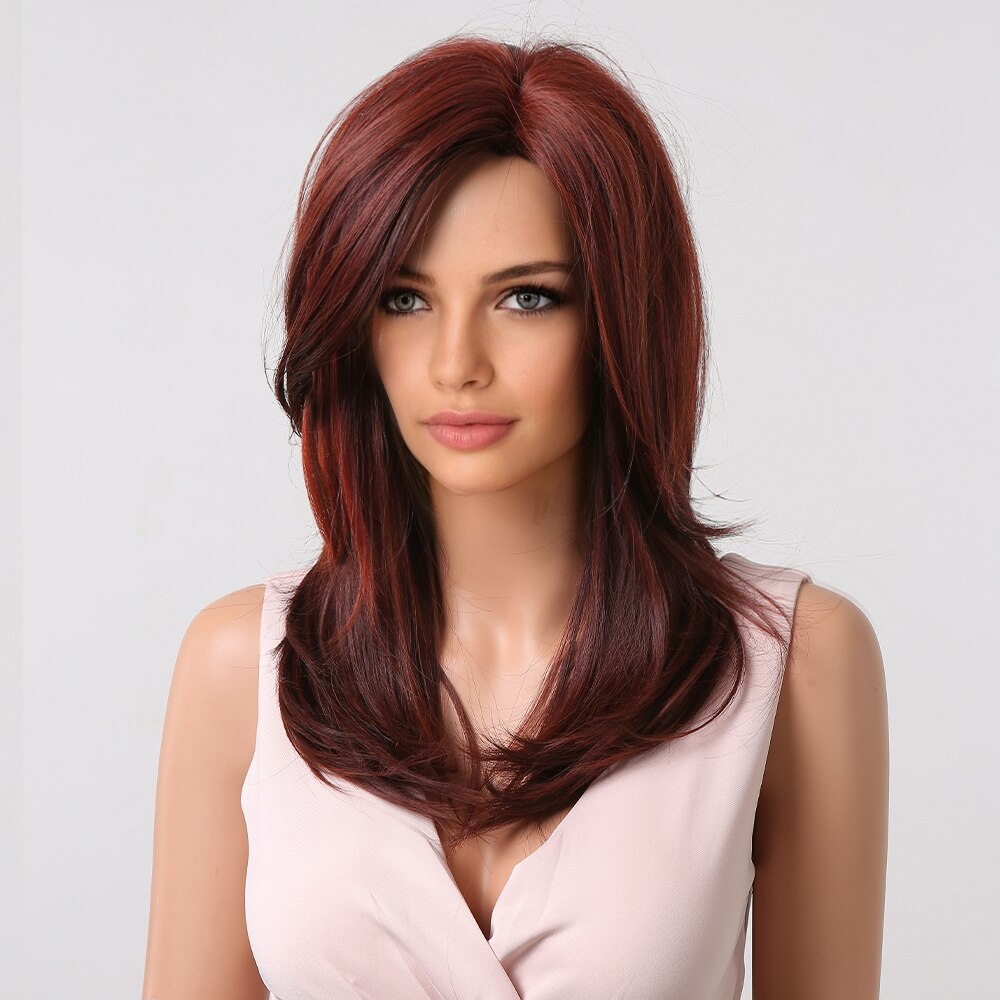 Perruques superposées Auburn Red Highlight avec frange latérale - rachelhair