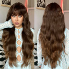 Perruques Synthétiques Longues Ondulées Brunes Avec Frange - rachelhair