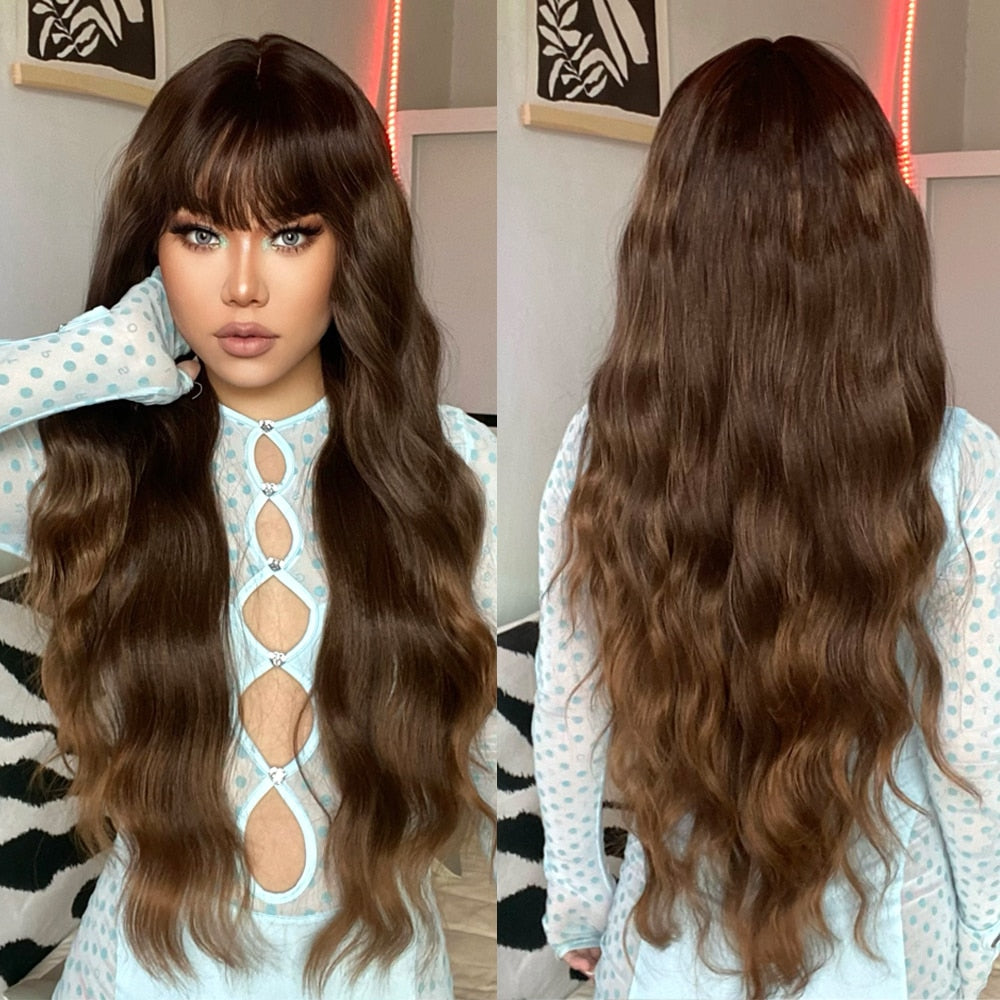 Perruques Synthétiques Longues Ondulées Brunes Avec Frange - rachelhair