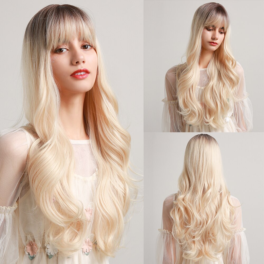 Perruques Synthétiques Longues Ondulées Brunes Avec Frange - rachelhair